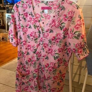 Betsey Johnson Pink and Green Floral Scrub Top